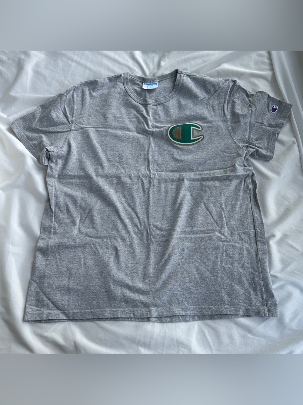 Champion Men’s Gray T-Shirt with Green Logo Patch - Size L